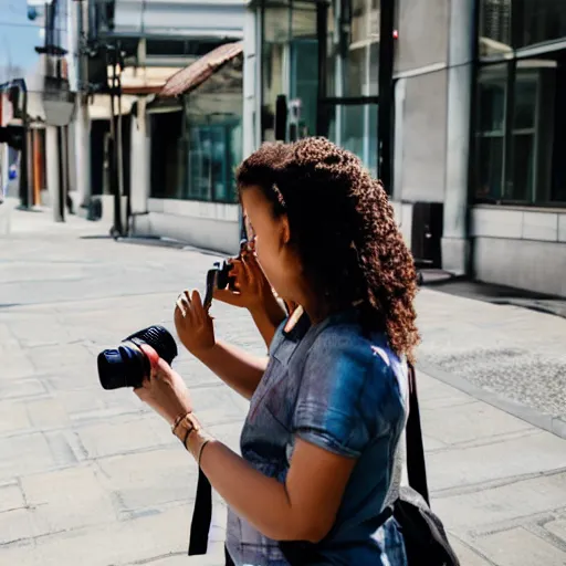 Image similar to woman taking a photograph with a studio camera on the sidewalk outdoors
