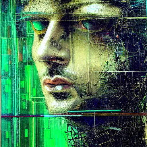 Image similar to hyperrealistic portrait of a cyberpunk man, teenager, long hair, immersed within a network, glitch eyes, by Guy Denning, Johannes Itten, Derek Gores, Russ Mills, glitch art, smooth lines, fine detail, polished, complex, hacking effects, holographic, digital tech effects, green, color blocking!, realistic, acrylic on canvas, concept art, abstract!, symmetrical, 8k, concept art, octane, photorealistic, cgsociety, trending on artstation