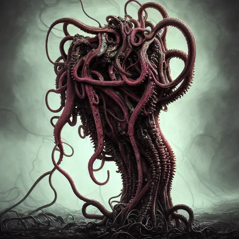 Prompt: ribbed abandoned alien, covered with tentacles, spines, roots, holding colorful squid, baroque painting, standing in a desolate empty wasteland, creepy, nightmare, dream-like heavy atmosphere, surreal abandoned buildings, beautiful detailed intricate insanely detailed octane render trending on Artstation, 8K artistic photography, photorealistic, chiaroscuro, Raphael, Caravaggio, Beksinski, Giger