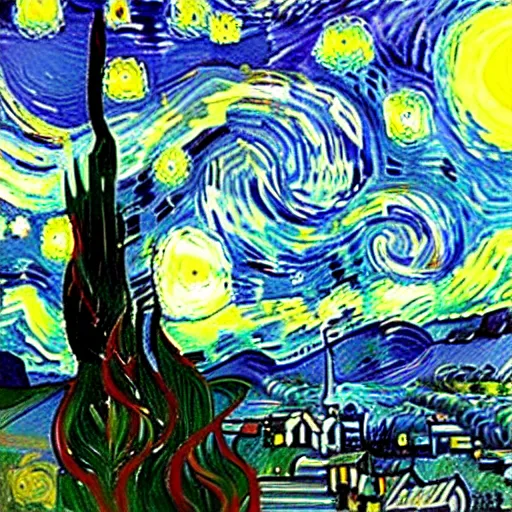 Image similar to starry night on mars, green towers, painting by van gogh