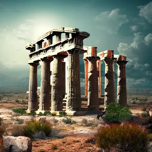 Image similar to Cinematic view of ancient fantasy walls with greek architecture surrounded by vast desert; fantasy art