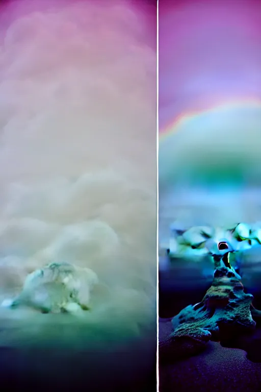 Image similar to high quality pastel coloured film close up wide angle photograph of a model wearing clothing swimming on cloud furniture in a icelandic black rock!! environment in a partially haze filled dreamstate world. three point light, rainbow. photographic production. art directed. pastel colours. volumetric clouds. pastel gradient overlay. waves glitch artefacts. extreme facial clarity. 8 k. filmic.