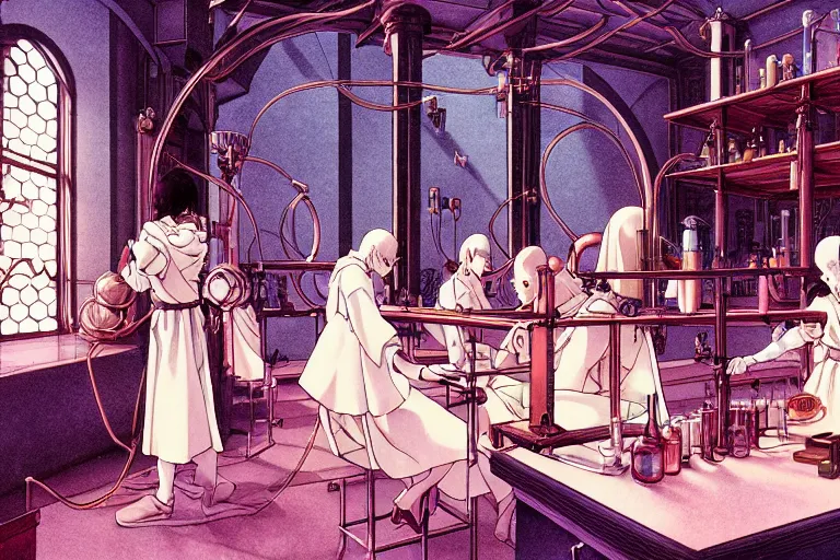 Prompt: cel shaded study of a group of alchemists in a late renaissance laboratory, key visual with intricate linework, in the stlye of moebius, ayami kojima, 90's anime, retro fantasy