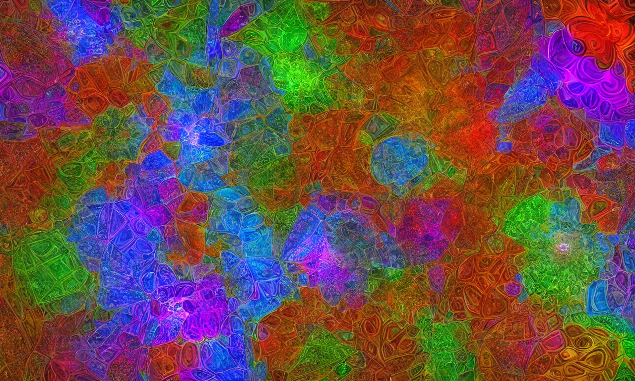 Image similar to voronoi engine laboratory 3 d volume kaleidoscope mandala fractal chakra digital multicolor stylized concept substance liquid nebula stone, a spectacular view cinematic rays of sunlight comic book illustration, by john kirby radiating a glowing aura global illumination ray tracing hdr depth fog overlay multiply photoshop layer