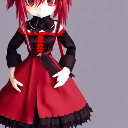 Prompt: cute fumo plush of a gothic maiden in a red and black uniform, laces and ribbons, soft shadow, anime girl, vray