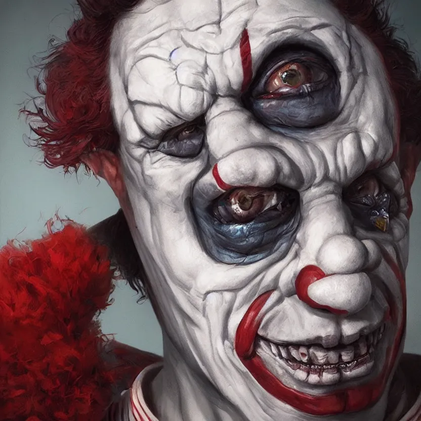 Image similar to hyperrealistic portait of Gerald Gallego as a killer clown from outer space, trending on artstation, portrait, sharp focus, illustration, art by artgerm and greg rutkowski and magali villeneuve