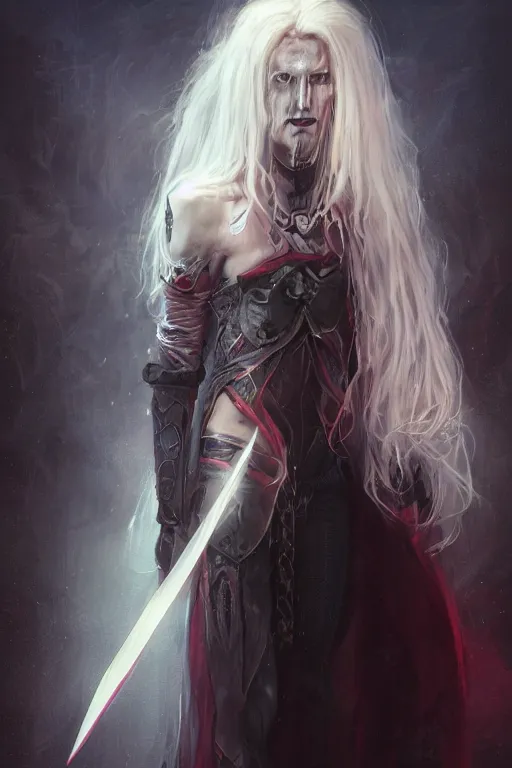 Image similar to 4k HD digital full body portrait of Elric of Melibourne, long white hair, black paper, vivid colors, Long black sword with red glowing runes, by Bastien LeCouffe-Deharme, Craig Mullins, Marc Simonetti, trending on Artstation