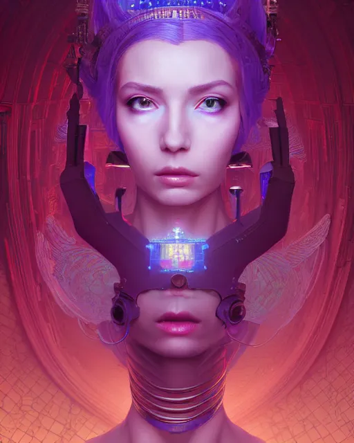 Image similar to highly detailed surreal vfx portrait of a cyberpunk queen in a majestic castle by golden tree, stephen bliss, unreal engine, greg rutkowski, loish, rhads, beeple, makoto shinkai and lois van baarle, ilya kuvshinov, rossdraws, tom bagshaw, alphonse mucha, global illumination, detailed and intricate environment