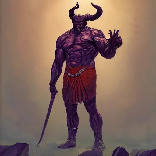 Image similar to horned humanoid with huge veined muscular arms wearing coloured medieval costume, fluid, smooth, organic, crazy, high contrast, sharpness, dramatic, by greg rutkowski and siudmak and richard corben and moebius