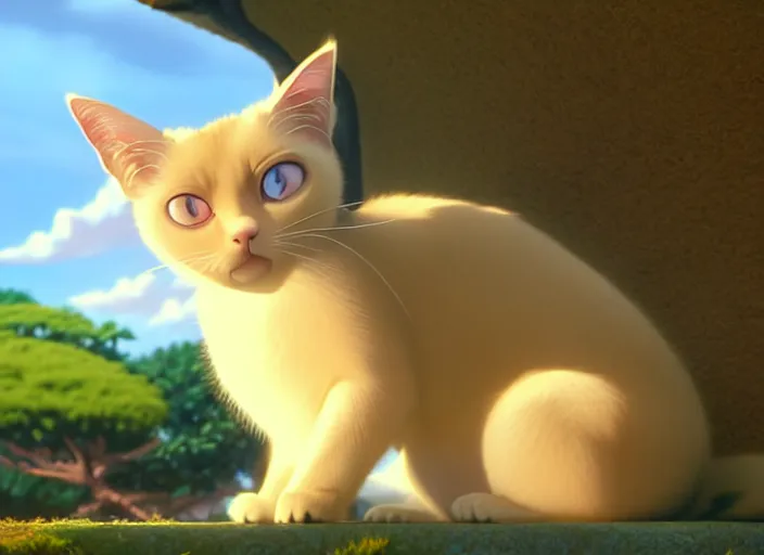 Image similar to a wholesome animation key shot of a siamese cat sleeping, close up, studio ghibli, pixar and disney animation, sharp, rendered in unreal engine 5, clear sky, anime key art by greg rutkowski, bloom, dramatic lighting