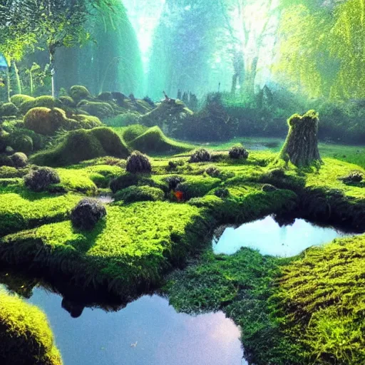 Image similar to found footage of a vast heavenly garden of peace, wide eden filled with surreal trees, stone slab, colourful wild flowers, moss sheds, fern towers, small stream and puddles, birds singing, early morning mild lighting, volumetric lighting, hyper realistic