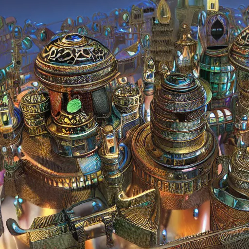 Image similar to colossal steampunk city made of iridescent beetle carapace, ancient middle eastern architecture