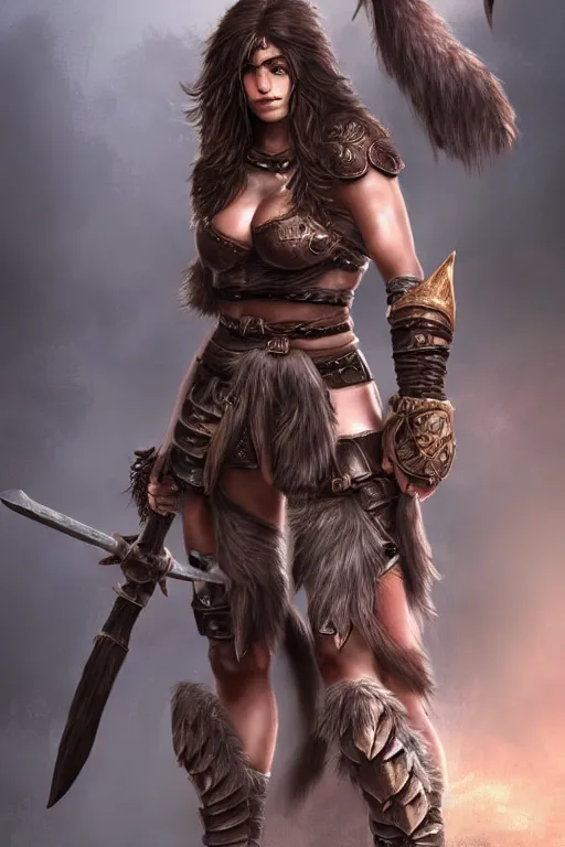 Prompt: Female barbarian, beautiful, light borwn hair, dark skin, brown eyes, detailed face, fully covering plate armor, greaves, sabatons, battle stance, high fantasy, matte painting