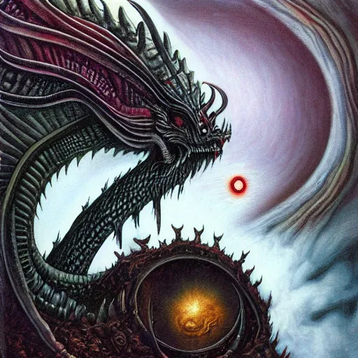 Image similar to an alien dragon demigod descending from the cosmos to consume the earth, by dan seagrave art