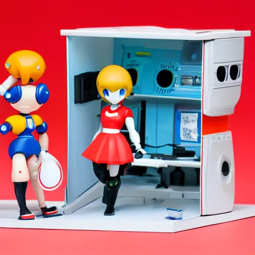 Image similar to photo of figma figures in a diorama : : roll is repairing computers in dr. light's laboratory. roll is a cute female ball - jointed robot ( in the style of mega man ) who has blonde hair with bangs and a ponytail tied with a green ribbon. she is wearing a red one - piece dress with a white collar, and red boots.