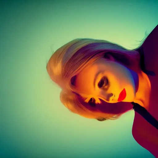 Prompt: photo of a beautiful woman lit from below with turquoise light and from above with golden orange light in the style of mandy moores in my pocket music video