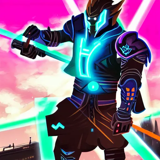 Prompt: Ganondorf in the style of Tron Legacy with glowing neon battle armor, wielding a lage neon fantasy greatsword, tron style city in the background, digital art