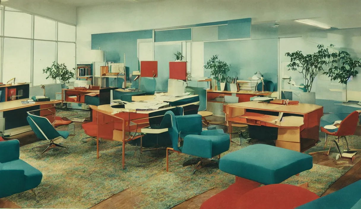 Image similar to a 7 0 s prisunic catalog with the indoor office of severance series ( 2 0 2 2 ), in color