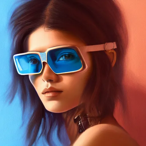 Image similar to closeup painting of a very beautiful young mexican cyberpunk woman with a smirk, wearing light blue shutter shades and a dark brown leather jacket, one side haircut, long brown hair with light blue ends, portrait, hyperdetailed, artstation, cgsociety, 8 k, synthwave by tangerine dream