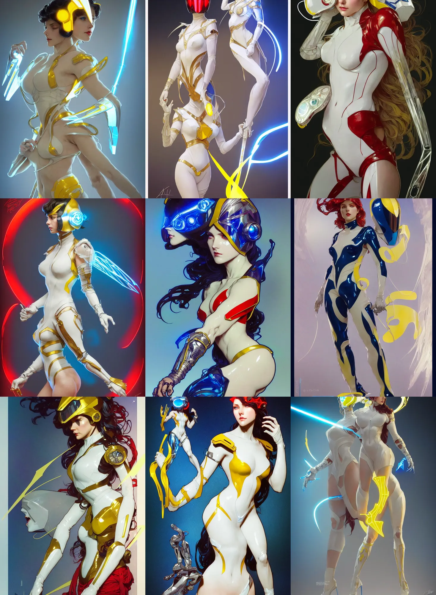 Image similar to a full body character design by artgerm, greg rutkowski and alphonse mucha. sci - fi dagger. laser white and yellow tape and red translucent plastic tape project show attctive showgirl!! sci - fi helmet electric blue eyes!! sharp edges. contour light effect!! ultra detailed, elegant, intricate, octane render.