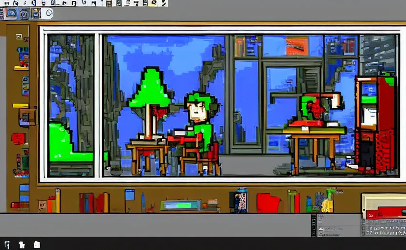 Prompt: Pixel-art. Trending on artstation. Screenshot of Music to chill/study to youtube video. Character sitting and relaxing in front of their work desk in their cozy room as a peaceful scene is seen through the room's window.