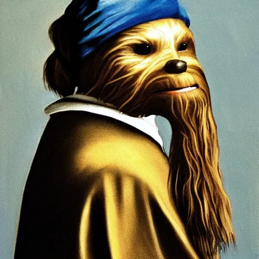 Image similar to chewbacca with a pearl earring, painting by vermeer