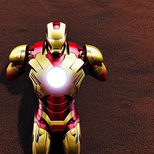 Image similar to iron man in the desert, metallic, photorealistic, shiny, sandy, sand everywhere, metal, rustic iron and copper, sand dunes, marvel