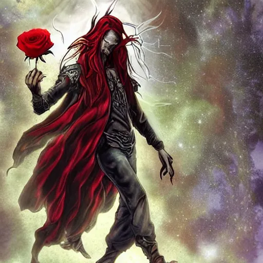 Image similar to The celestial warlock (a beautiful half elf with long red hair) clumsily knocks a single red rose from the top of a funerary urn, releasing an angry wraith from inside. Dramatic digital art illustration in comic book style by Simon Bisley