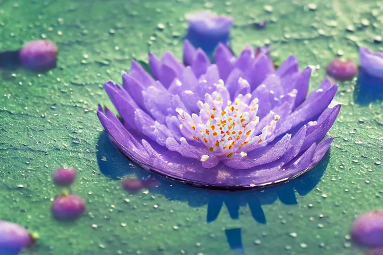 Prompt: perfume bottle standing on lillypads in a cool blue frosted pond close shot, sharp focus, global illumination, dramatic, mid day, cherry blossom background, soft lilac skies, large scale, hyperrealistic, lots of detail, realistic lighting, octane render, by wlop, artgerm, trending on artstation