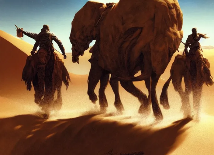Image similar to the big large expedition with a crowd of adventurers being brought by gigantic mammals carrying stuff towards the desert of duhnes medium shot, key art by craig mullins, bloom, dramatic lighting, cinematic, high details