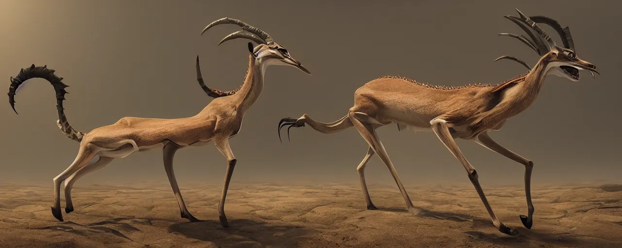 Prompt: creature design, a gazelle with crustacean carapace, cryptid, cinematic lighting, octane render, cinematic aura lighting, atmospheric, photorealistic, hyperdetailed 3 d matte painting, hyperrealism, hyperrealistic