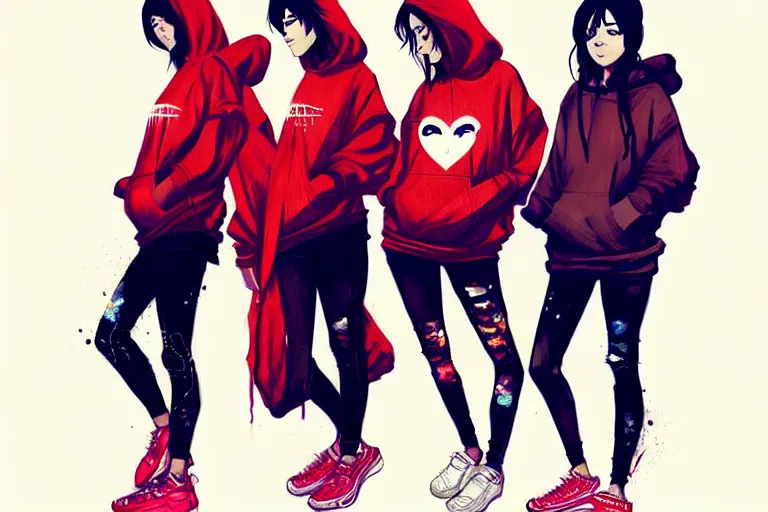 Prompt: a ultradetailed painting of three women in a oversized hoodie and sneakers by conrad roset, greg rutkowski and makoto shinkai trending on artstation