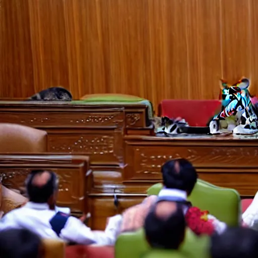 Image similar to photorealistic scene of a cat addressing lok sabha members, ani, sony a 7 r