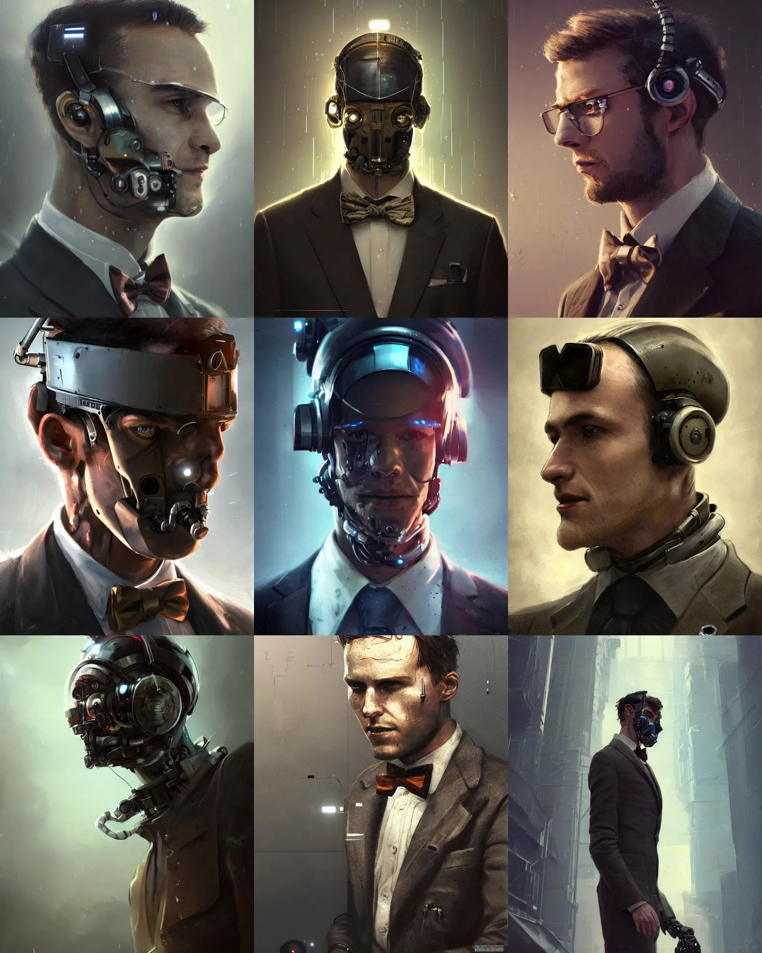 Prompt: a rugged young engineer man with cybernetic enhancements wearing a suit and bowtie, detailed face with small visor, scifi character portrait by greg rutkowski, esuthio, craig mullins, 1 / 4 headshot, cinematic lighting, dystopian scifi gear, gloomy, profile picture, mechanical, half robot, implants, steampunk