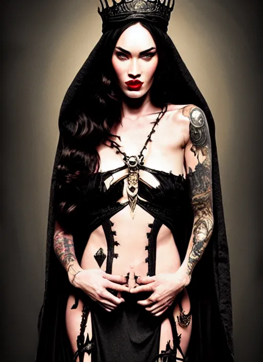 Image similar to megan fox witch queen, black eyes, blood, full body, intricate victorian dress, middle shot, cinematic lighting, symmetrical eyes, caravaggio, artgerm, joshua middleton, rafael albuquerque, moody lighting, candles