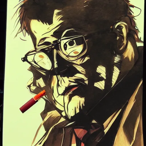 Prompt: sci fi detective in trench coat smoking a cigarette, drawn by yoji shinkawa