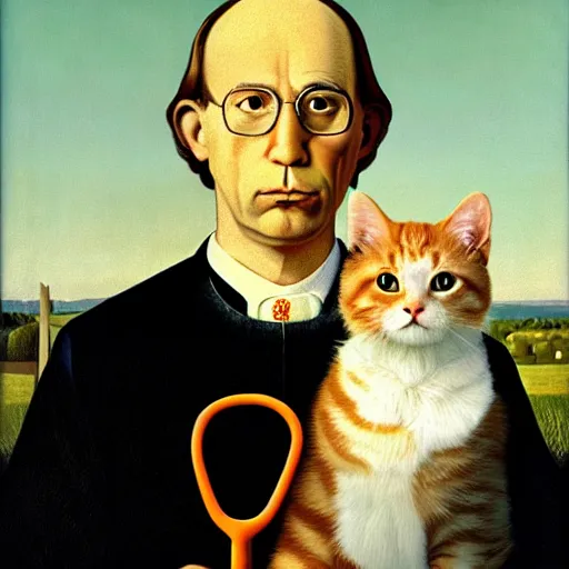 Image similar to fat orange tabby cat, man with afro curly hair in american gothic by grant wood