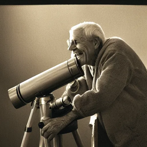 Prompt: a smiling old man seen through a telescope