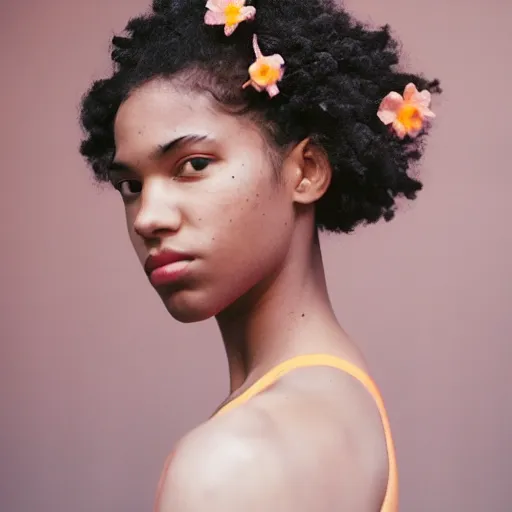 Image similar to realistic! photoshoot for a new nike lookbook, color film photography, portrait of a beautiful woman, woman got a flower in her hair, in style of tyler mitchell, 35mm