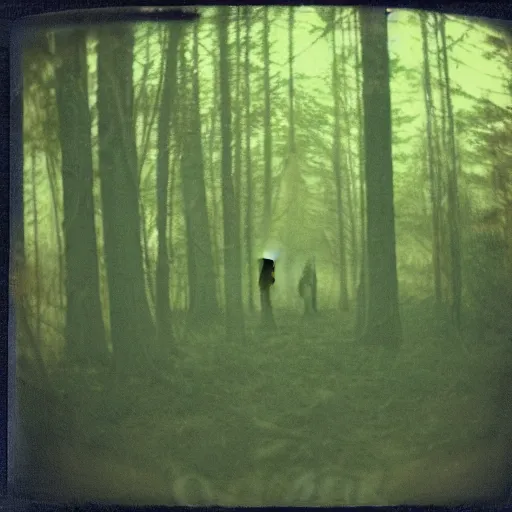 Image similar to alien abduction in a forest at night, old polaroid, expired film, blurry, lost footage, found footage,