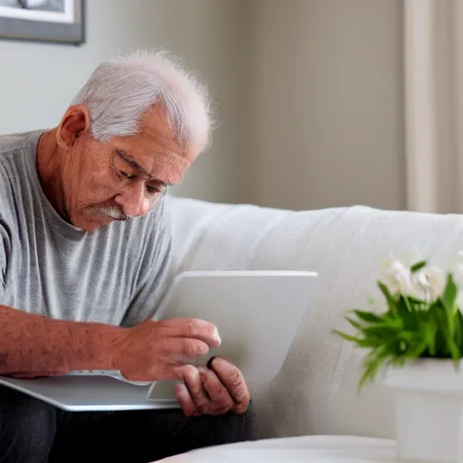 Image similar to elderly man sitting on a casket browsing internet on laptop from a casket casket