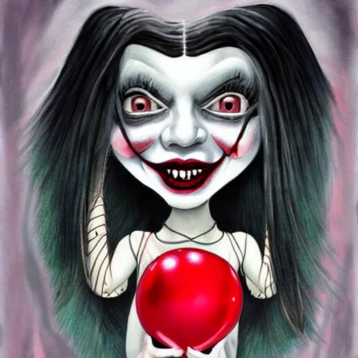 Image similar to grunge cartoon painting of kylie jenner with a wide smile and a red balloon by chris leib, loony toons style, pennywise style, corpse bride style, horror theme, detailed, elegant, intricate