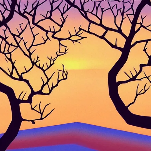 Image similar to birds on cherry tree, Changelingcore, serene, graceful, sunset photo at golden hour, Kodachrome, digital painting by M. C. Escher