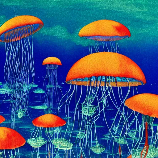 Prompt: ivan bilibin and edmund dulac and ilya kuvshinov and katsuhiro otomo inspired print of jellyfish in a bright ocean, deep focus, fantasy, intricate, elegant, highly detailed, digital painting, concept art, sharp focus, illustration, scarlet - green and mustard - indigo and azure - orange and white color scheme