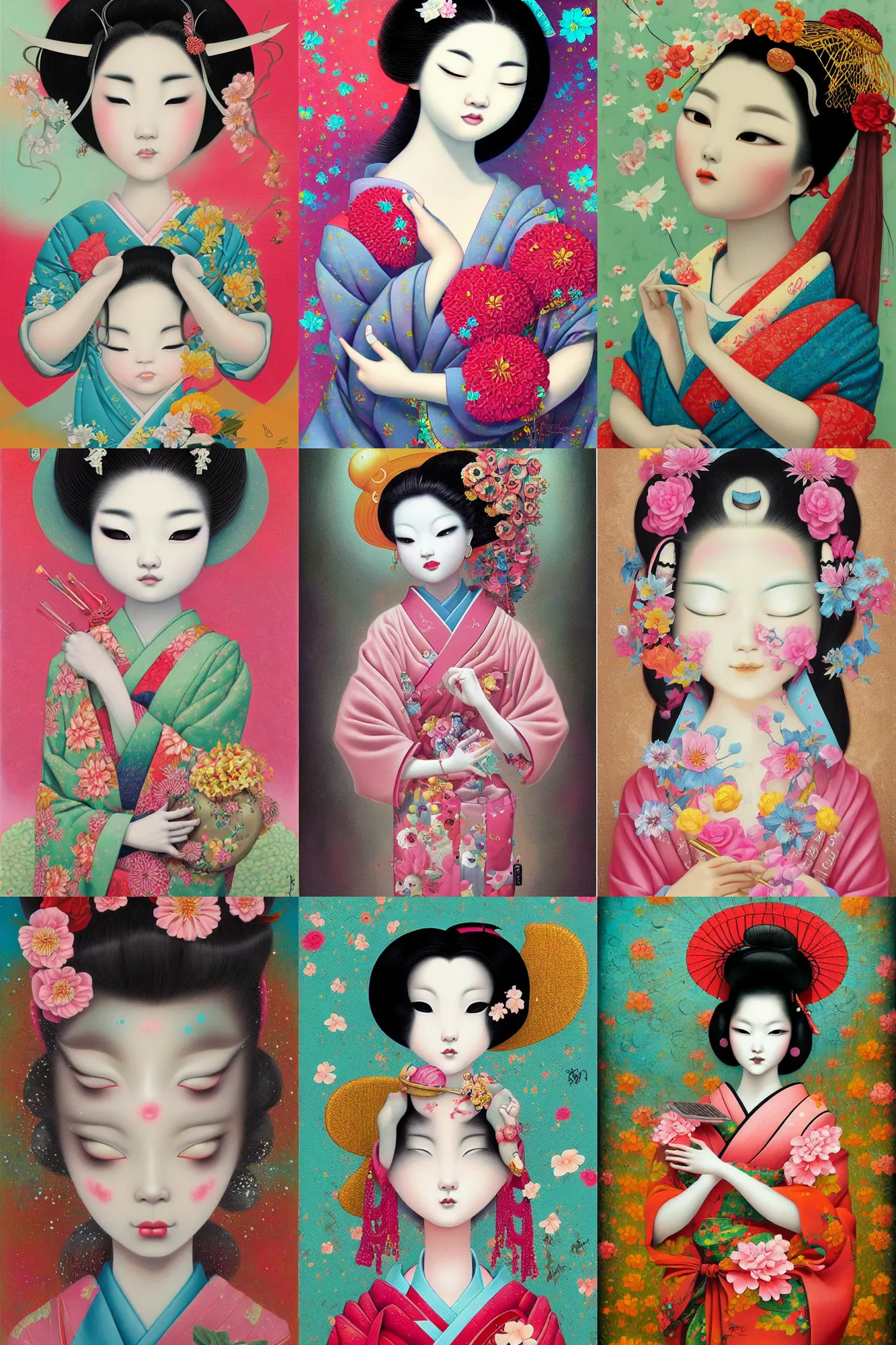 Prompt: digit painting of a geisha goddess by amy sol hikari shimoda, mark ryden