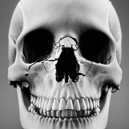 Prompt: professional photograph of a broken human skull, black fluid coming out, black and white, white background, 50mm, bright illumination, black and white, no border cuts