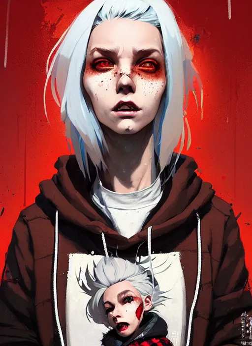 Image similar to highly detailed portrait of a sewer punk canadian lady, tartan hoody, white hair by atey ghailan, by greg rutkowski, by greg tocchini, by james gilleard, by joe fenton, by kaethe butcher, gradient red, brown, blonde cream and white color scheme, grunge aesthetic!!! ( ( graffiti tag wall background ) )