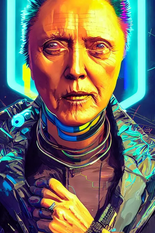 Image similar to a cyberpunk christopher walken with blue hair, neon colors, hyper detailed, digital art, cinematic lighting, concept art by artgerm and greg rutkowski and caravaggio and moebius and jakub rebelka