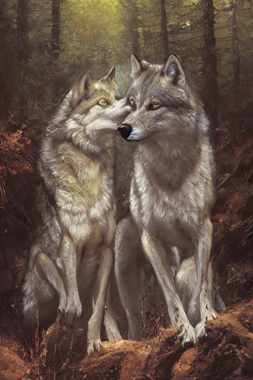 Image similar to spiritual twin flame wolf art, forest hue, highly detailed, oil painting, by craig mullins