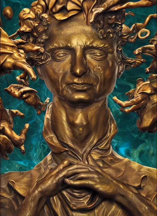 Prompt: An epic fantastic realism comic book style painting of a blessed bronze sculpture from the future by Stanislaw Szukalski, beautiful colorful flowers rain down, gilded marbled paper overlay, fisheye lens, unreal 5, DAZ, hyperrealistic, octane render, dynamic lighting